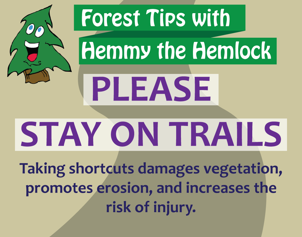 Hemlock Overlook trail signs with Hemmy the Hemlock
